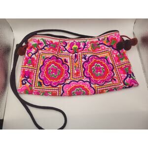Boho Thailand Handbag Crossbody Emroidered Hmong Pink Flower pompoms